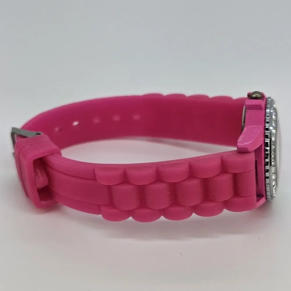 30MM Watch Women Crystal Accent Hot Pink Dial Hot Pink Plastic Bands New Battery